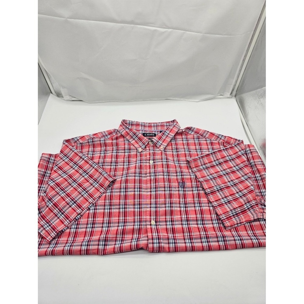 Chaps Easy Care Men's Button-Down Shirt Size 3XB Red Plaid Short Sleeve Classic